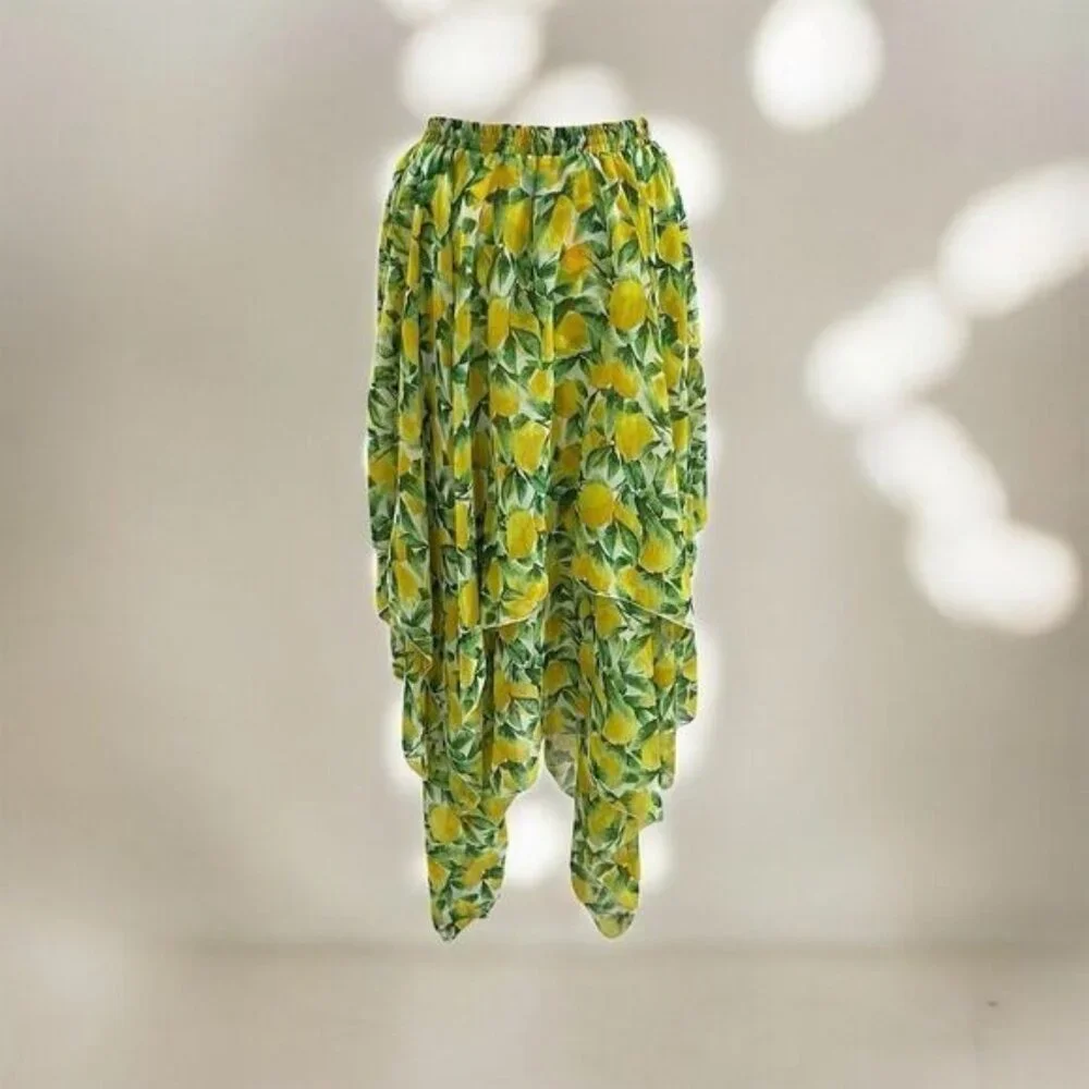 Sakkas Women's Maxi Skirt Lemon Print Tiered Asymmetrical Chiffon One Size Flowy - Picture 1 of 8